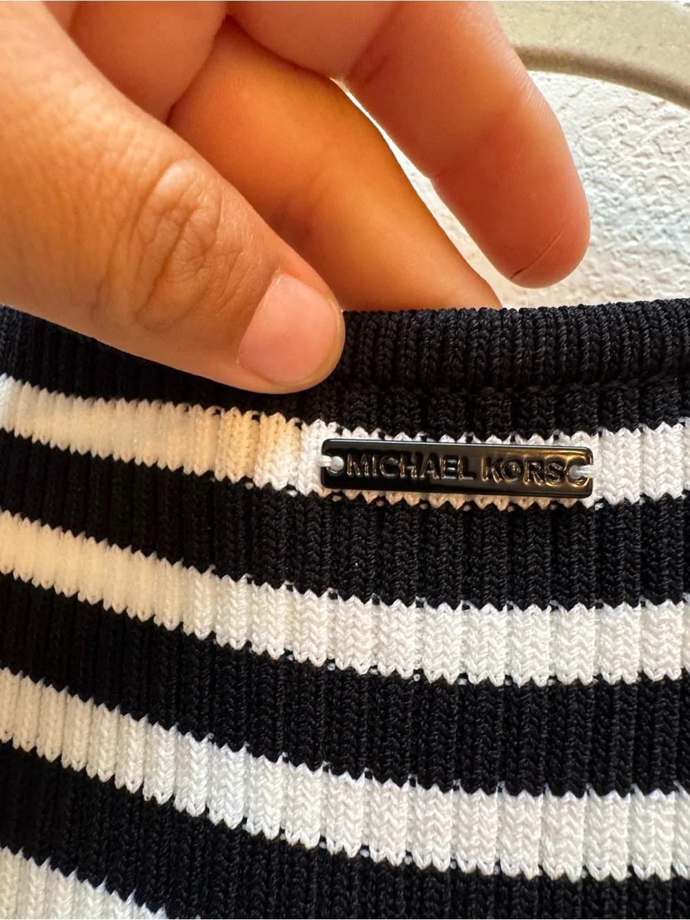 Michael Kors Black & White Striped Sleeveless Midi Dress with Belt